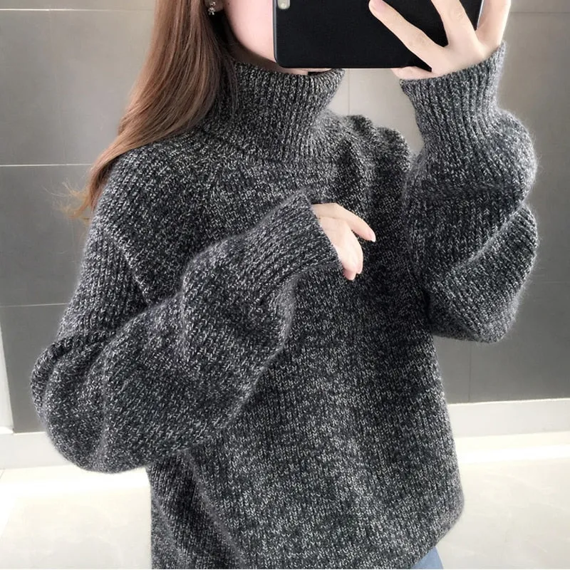 Turtleneck Sweater Warm Thick Loose Knitted Coat Winter Solid Vintage Pullover High Collar Jumper Casual Girls Outwear