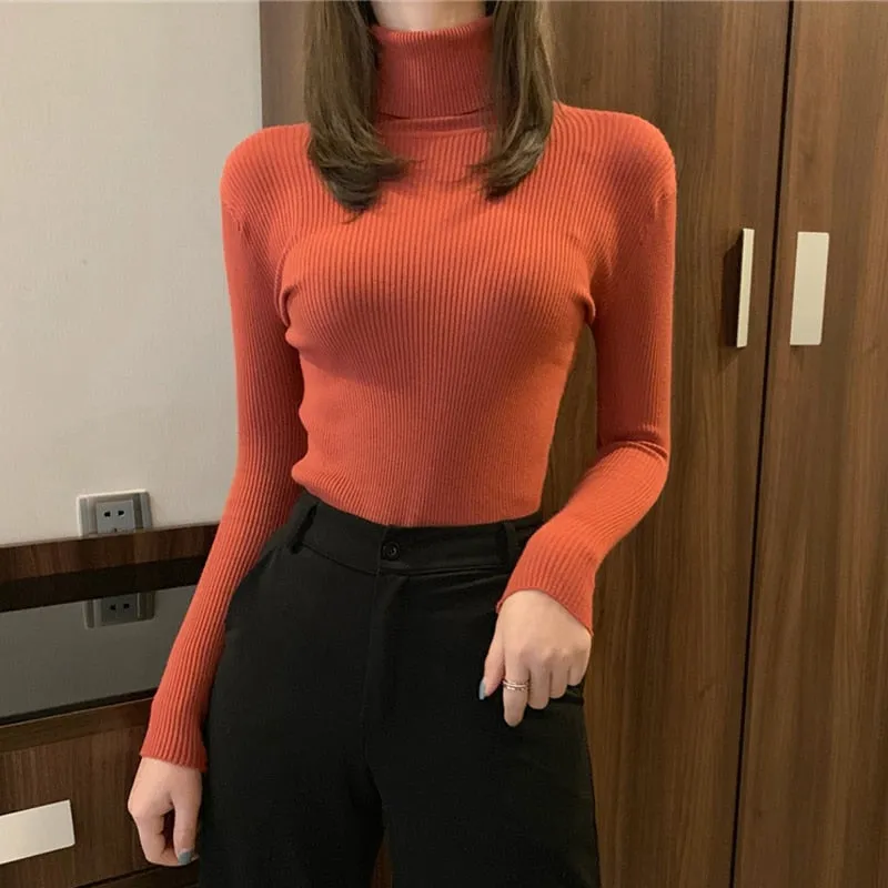 Turtleneck Sweaters Autumn Women Knitted Pullovers Elastic Jumper Soft Long Sleeve Korean Slim Ladies Basic Top New