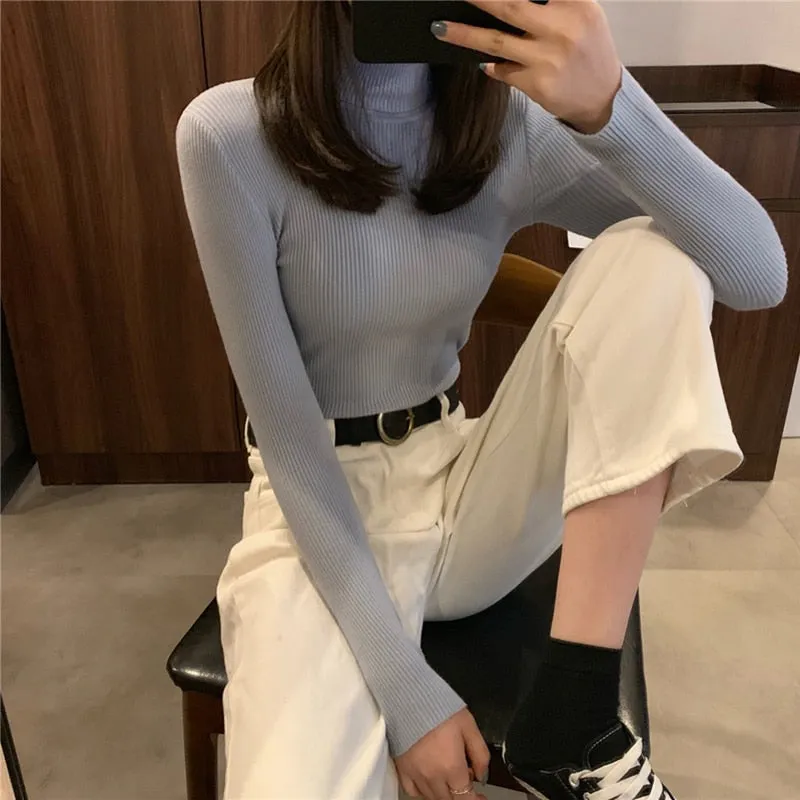 Turtleneck Sweaters Autumn Women Knitted Pullovers Elastic Jumper Soft Long Sleeve Korean Slim Ladies Basic Top New