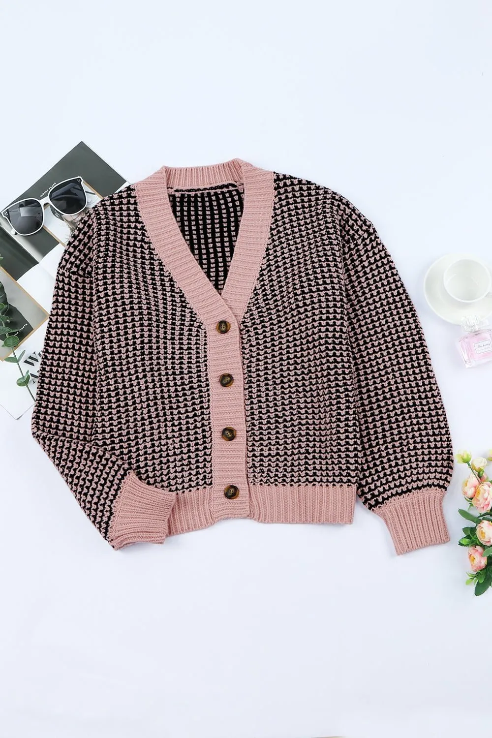 Waffle-Knit Drop Shoulder Button-Down Cardigan