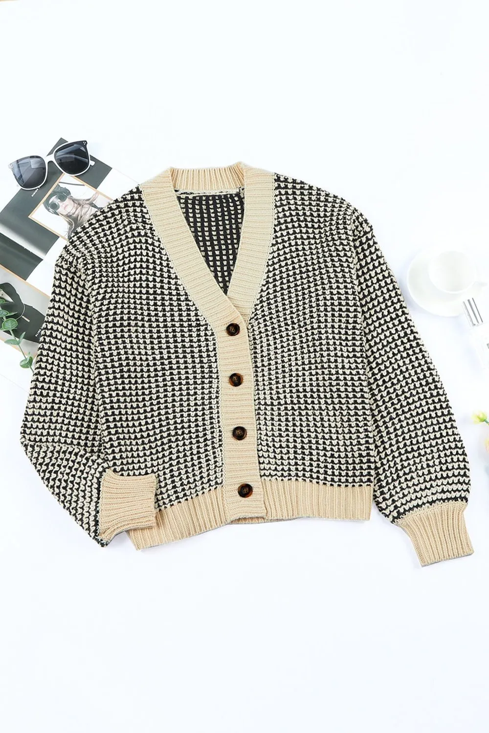 Waffle-Knit Drop Shoulder Button-Down Cardigan