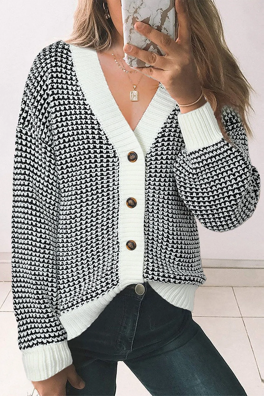 Waffle-Knit Drop Shoulder Button-Down Cardigan