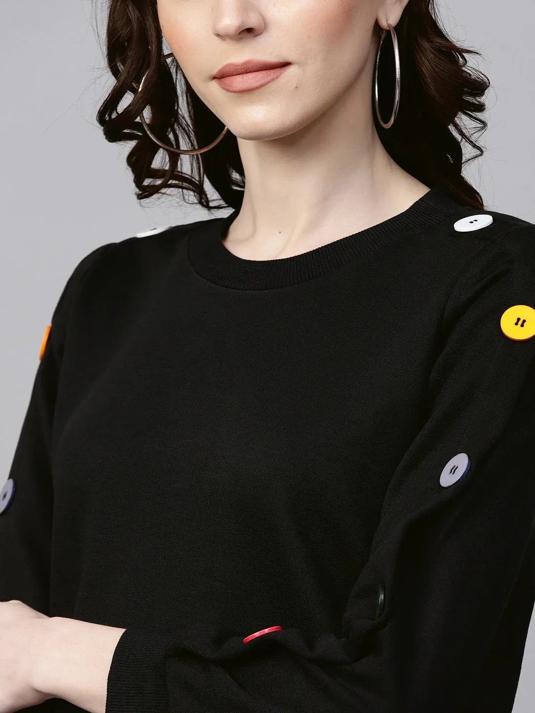 Women Black Sweatshirt With Colored Buttons