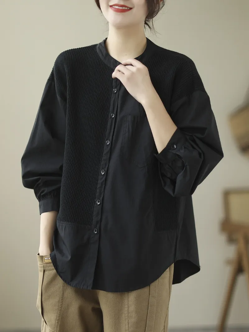 Women's Knitted Loose Literary Retro Cotton Color Matching Shirt