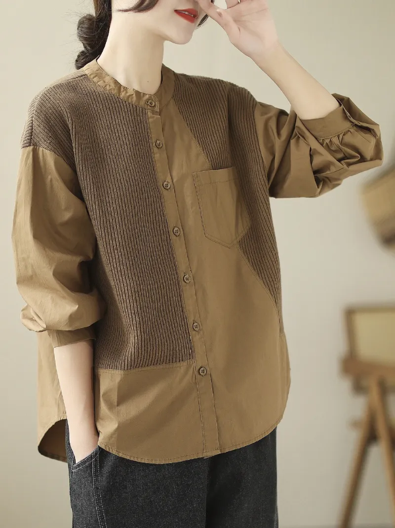 Women's Knitted Loose Literary Retro Cotton Color Matching Shirt