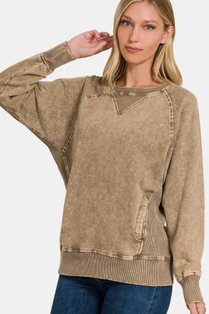 Zenana Pocketed Round Neck Sweatshirt